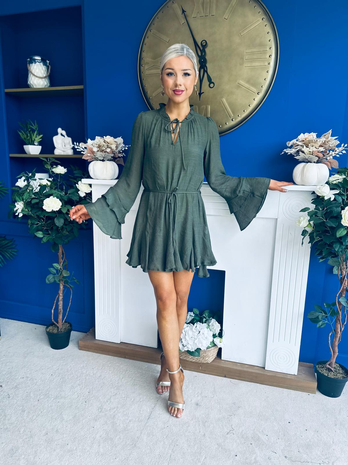 Nina High Neck Mini Dress Khaki