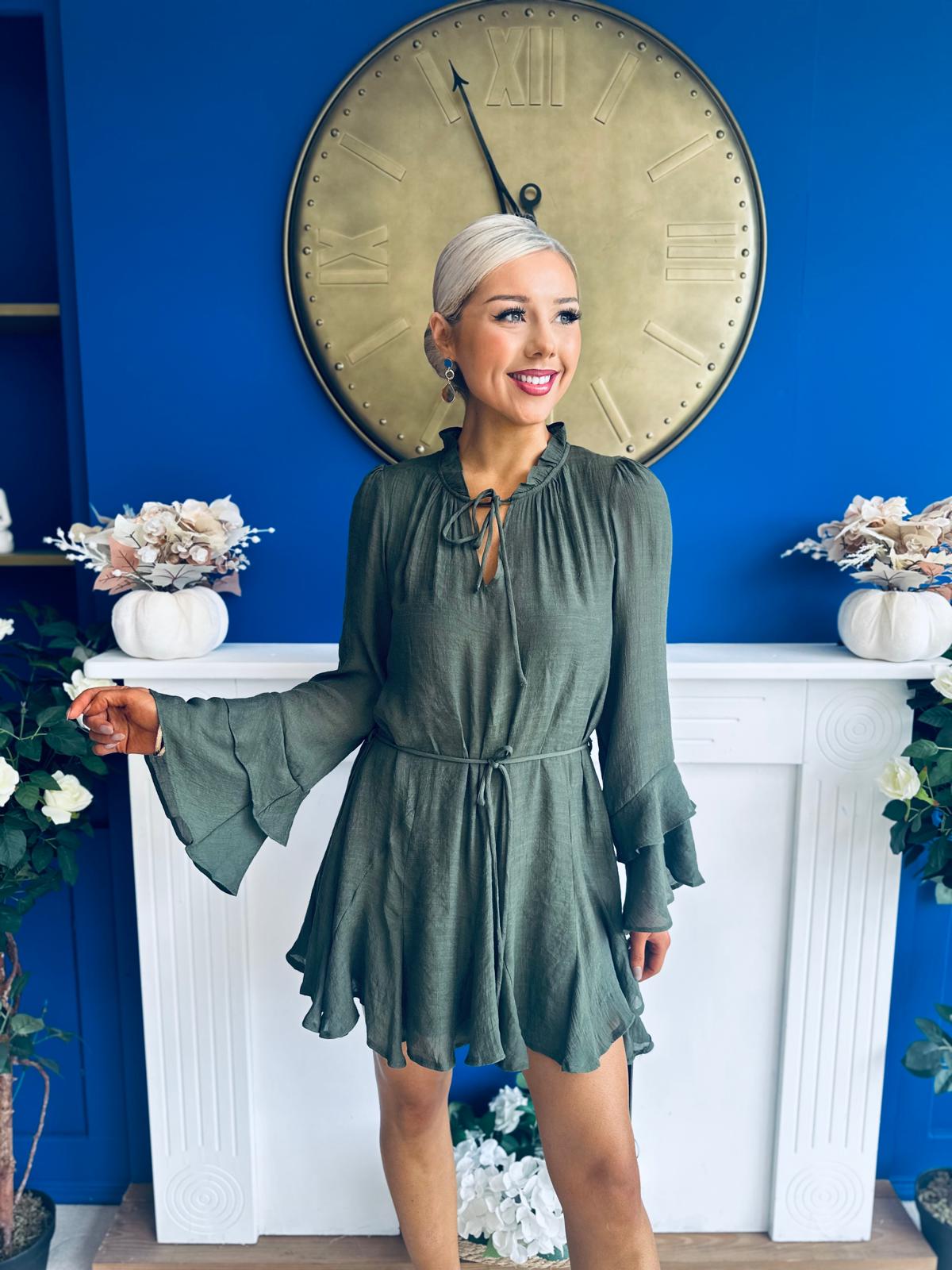 Nina High Neck Mini Dress Khaki