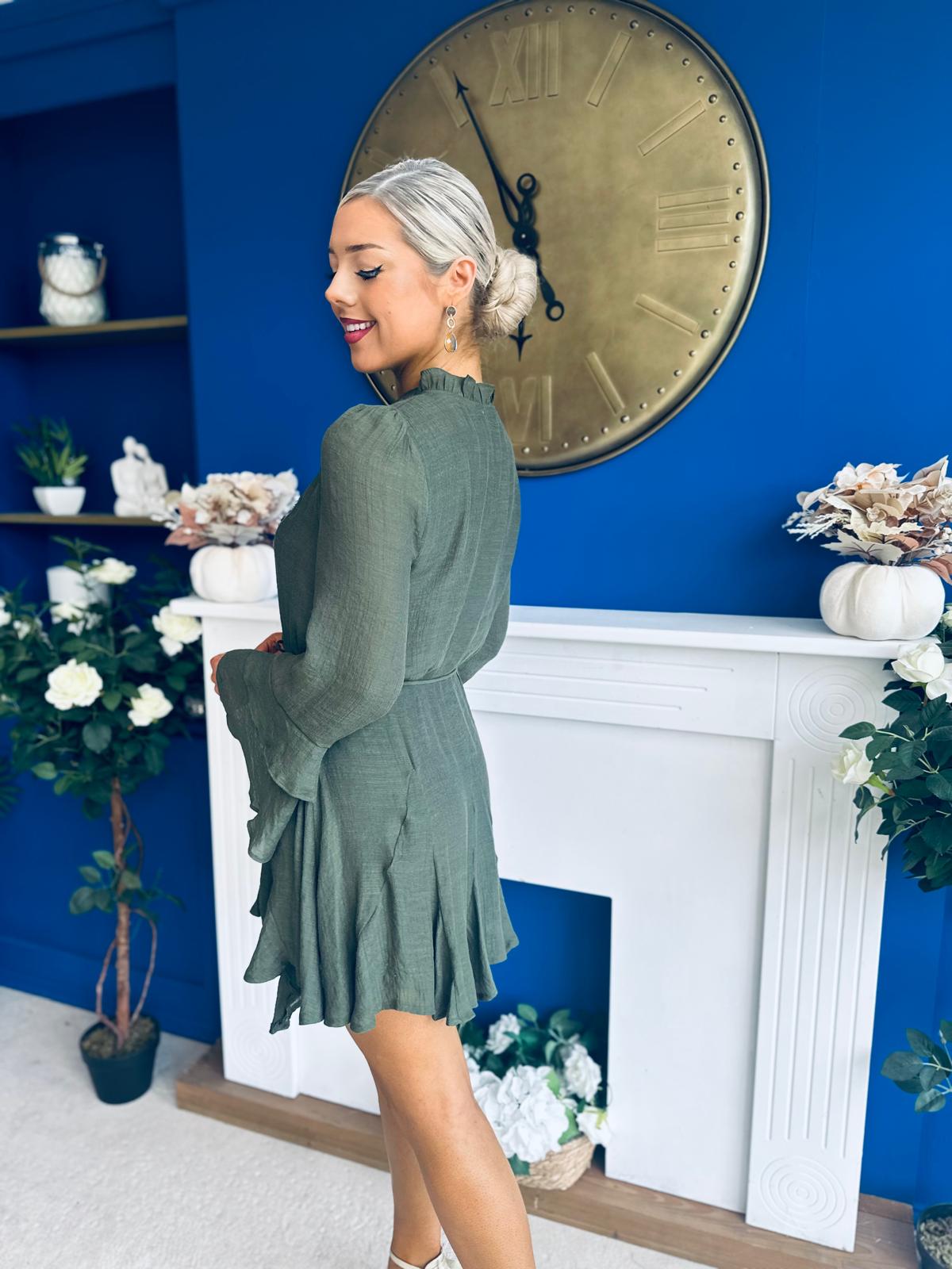 Nina High Neck Mini Dress Khaki