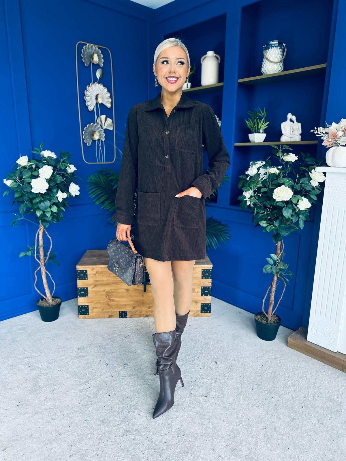 Nina Cord Mini Shift Dress Coffee