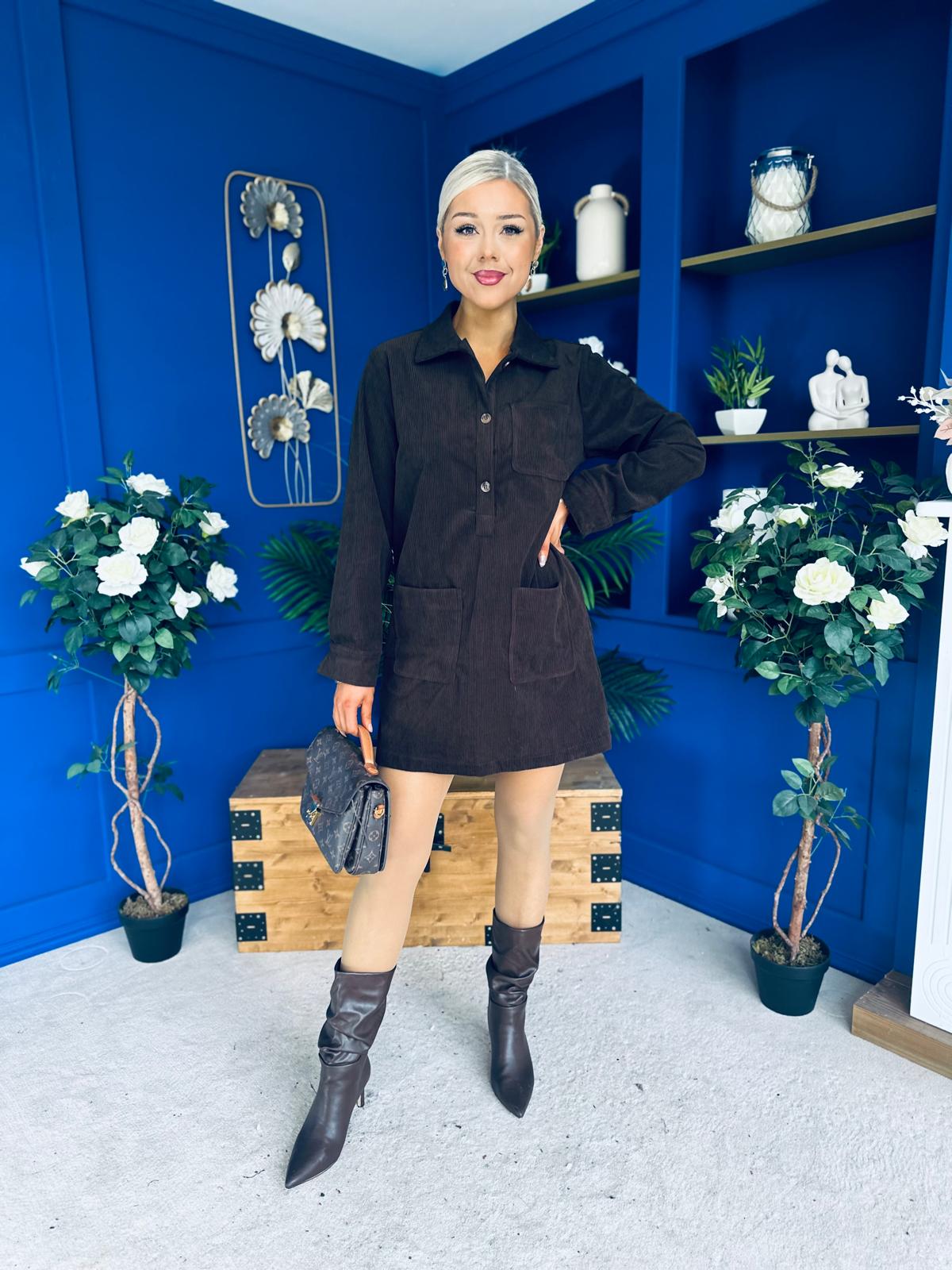 Nina Cord Mini Shift Dress Coffee