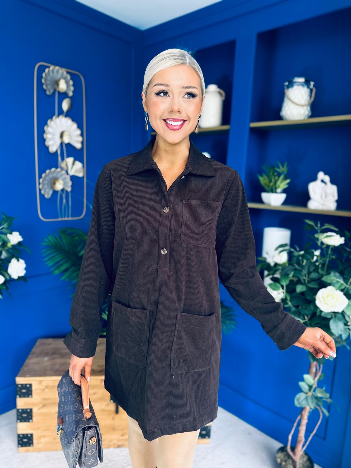 Nina Cord Mini Shift Dress Coffee