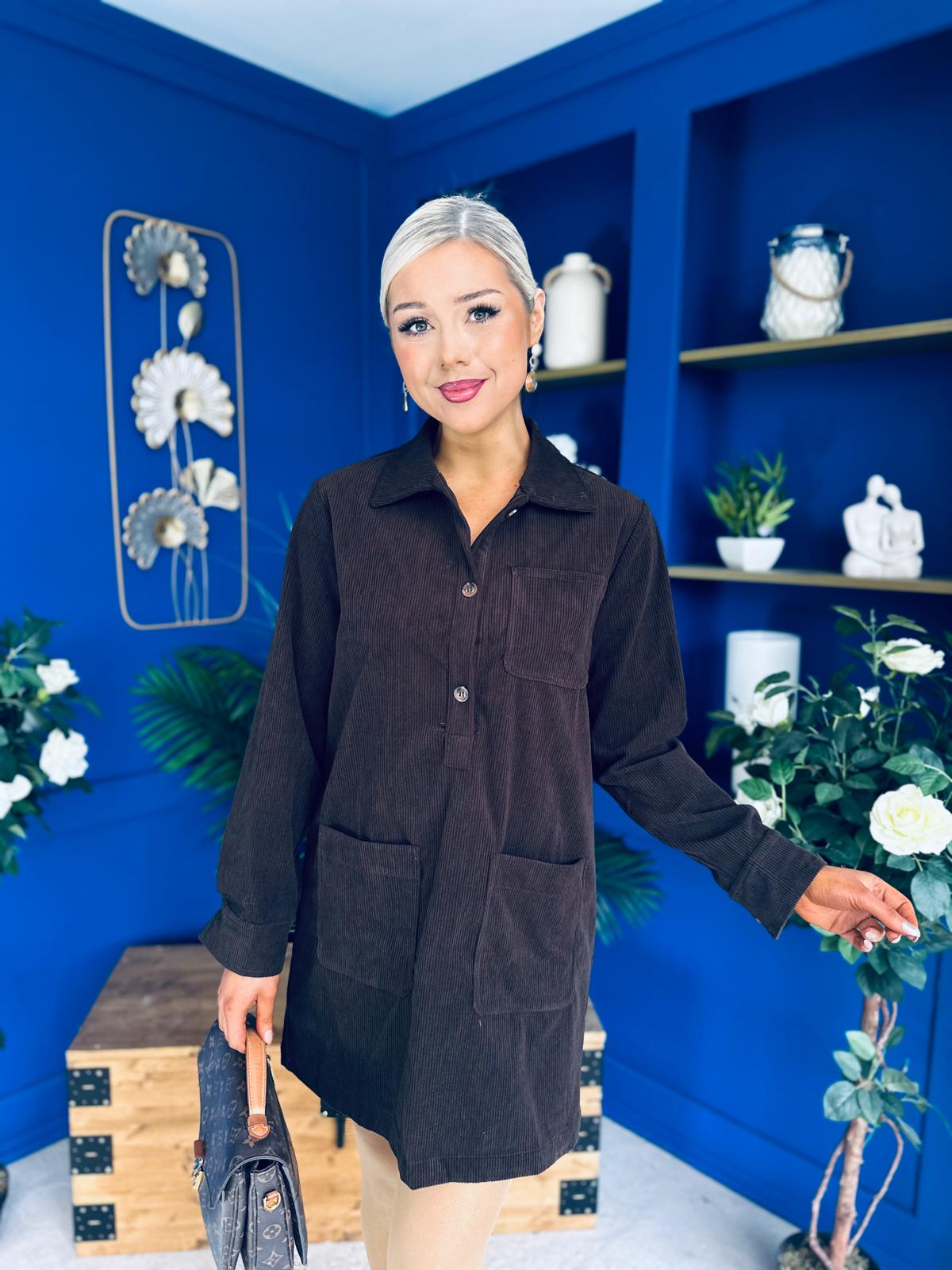 Nina Cord Mini Shift Dress Coffee