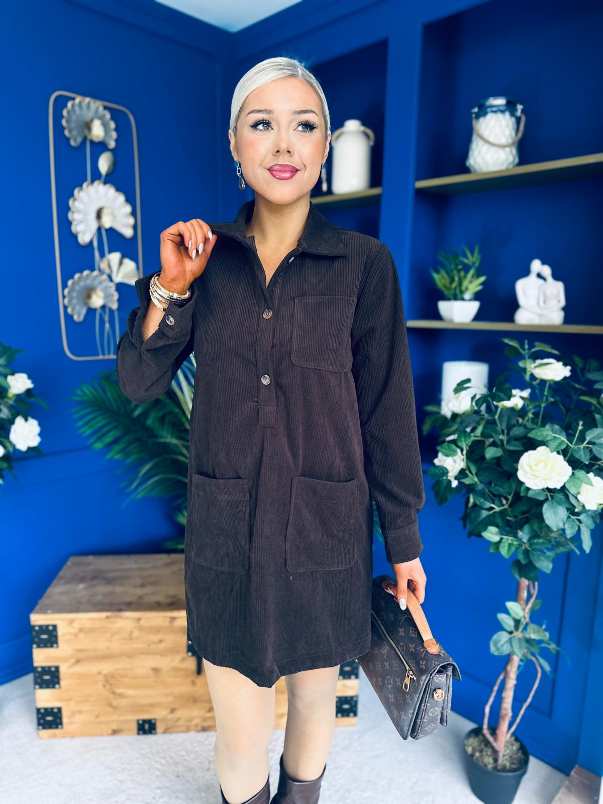 Nina Cord Mini Shift Dress Coffee