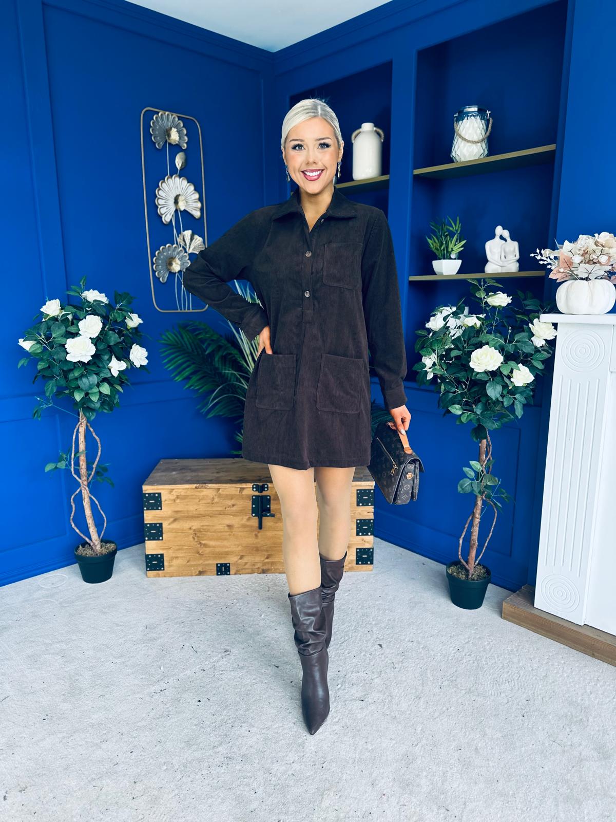 Nina Cord Mini Shift Dress Coffee