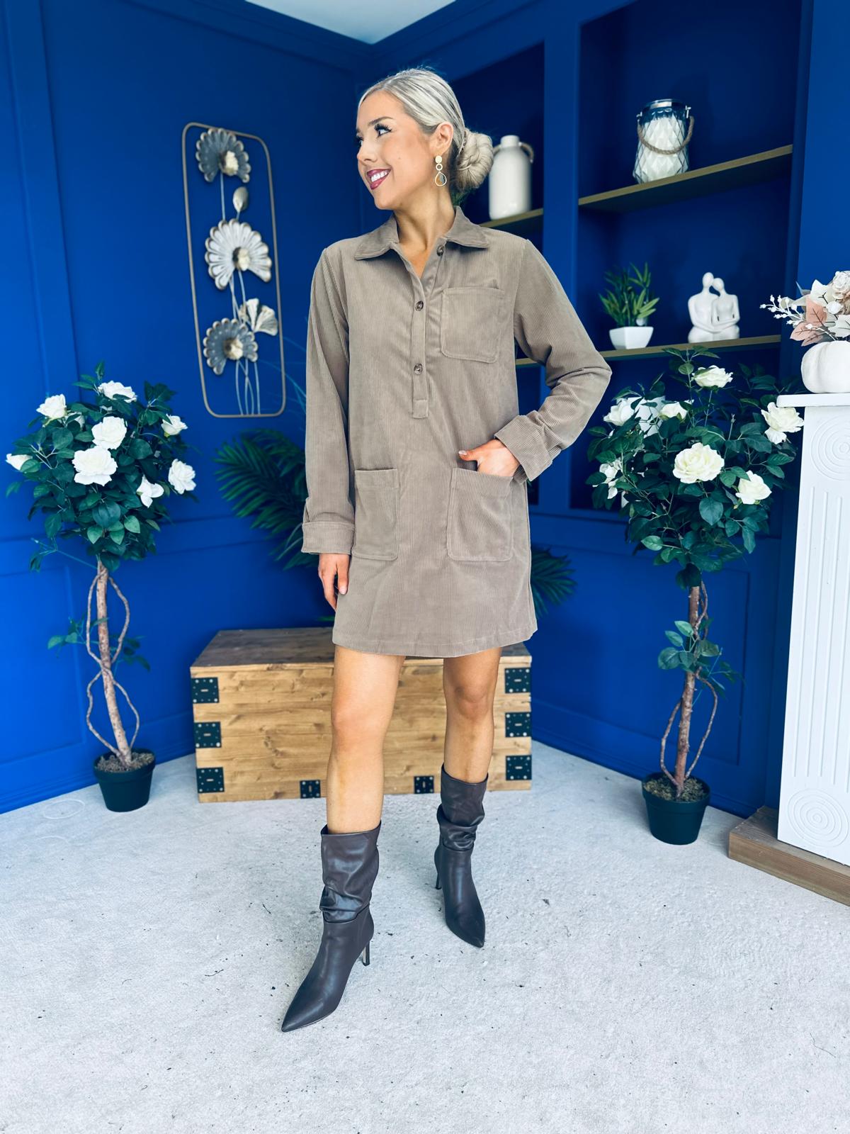 Nina Cord Mini Shift Dress Taupe