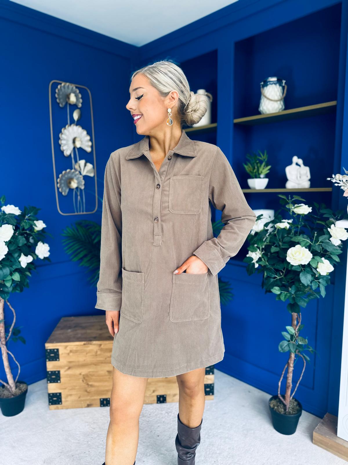 Nina Cord Mini Shift Dress Taupe
