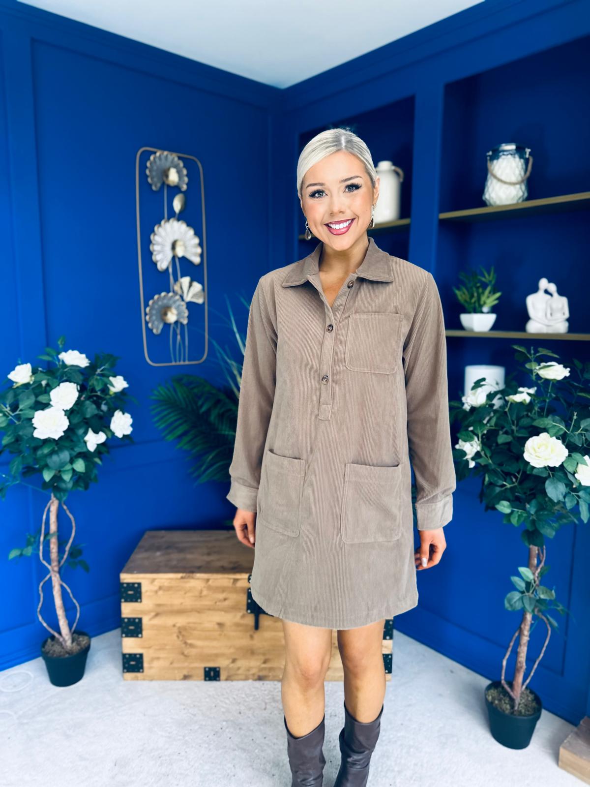 Nina Cord Mini Shift Dress Taupe