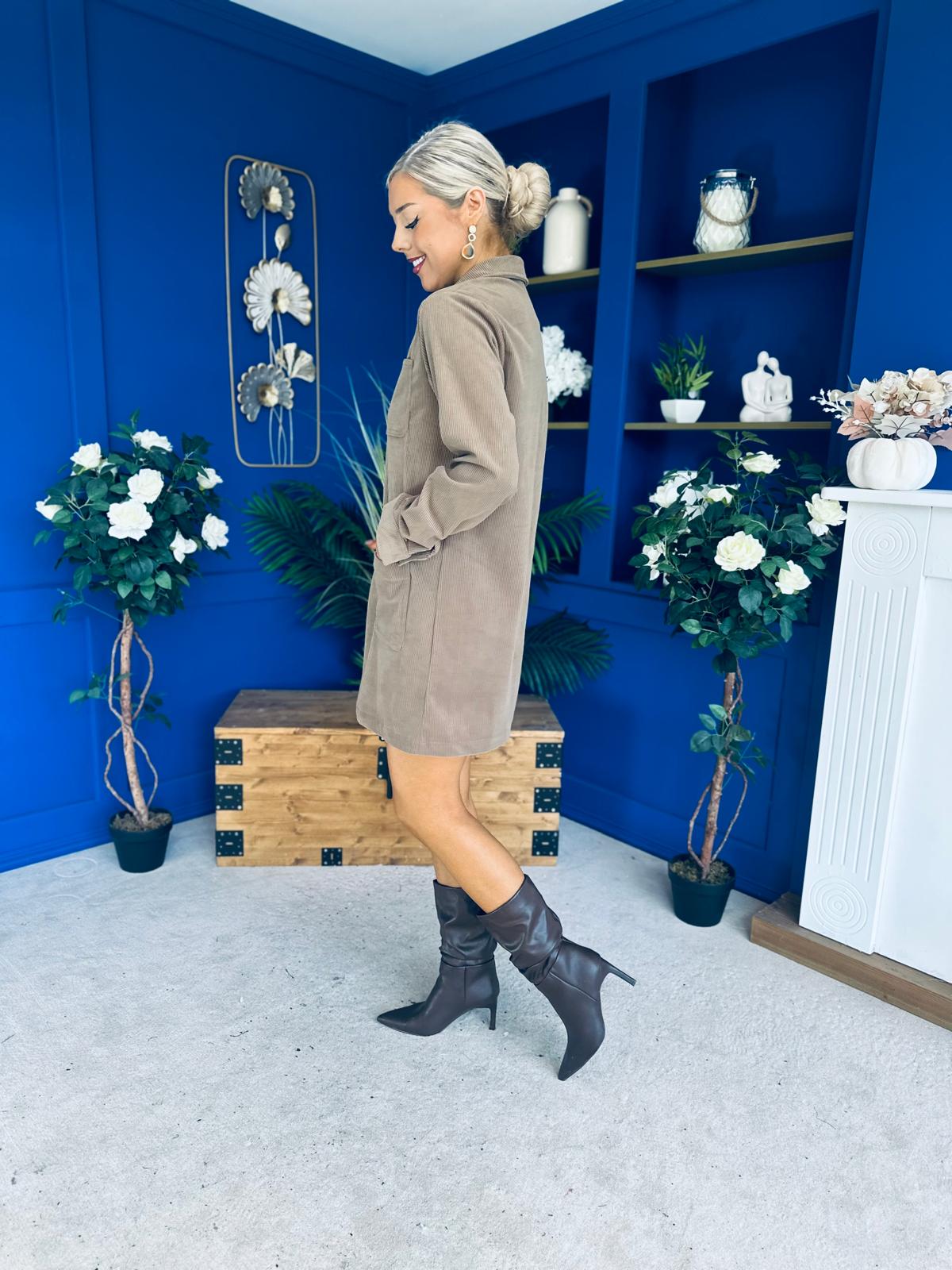 Nina Cord Mini Shift Dress Taupe