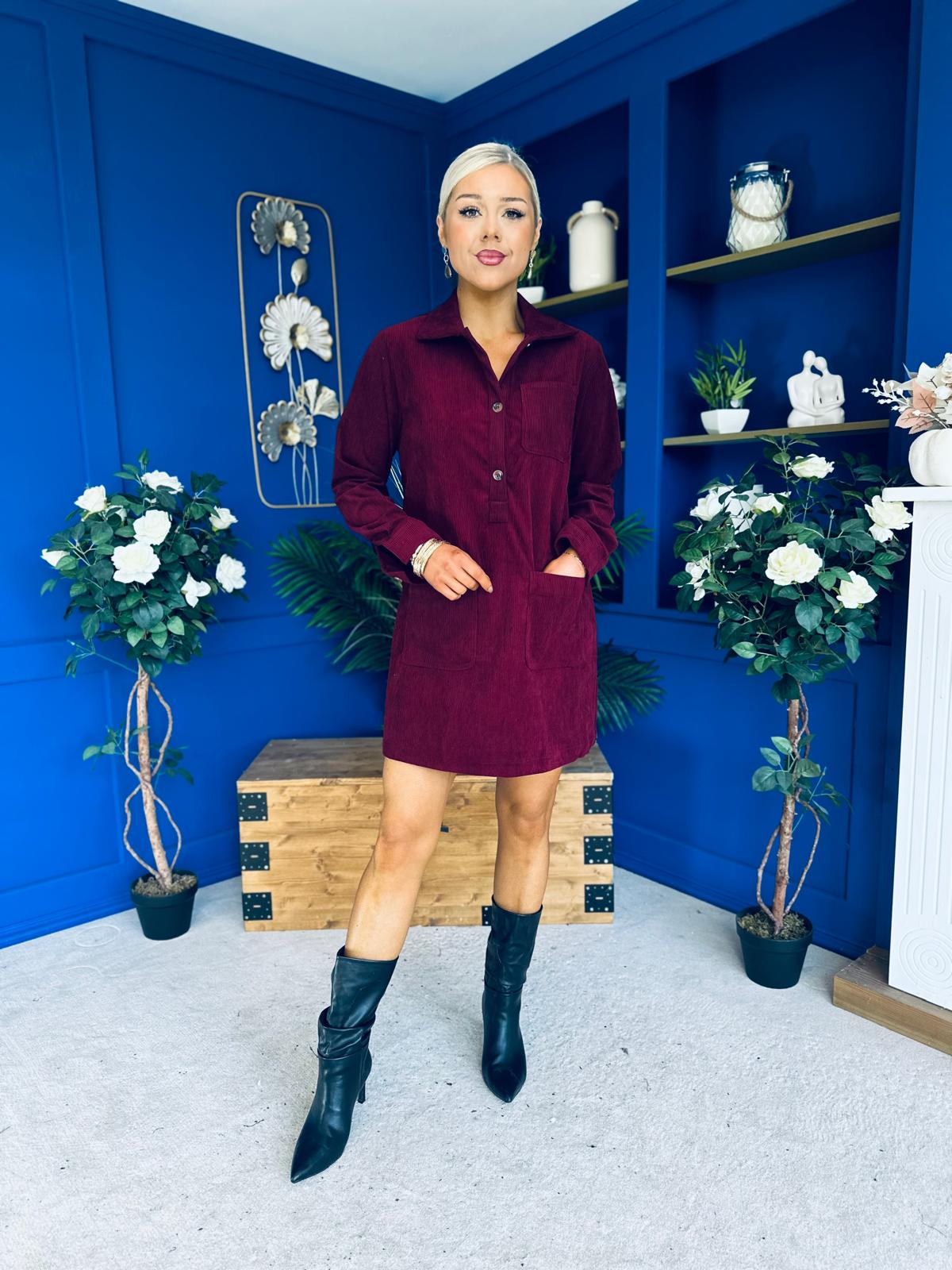 Nina Cord Mini Shift Dress Burgundy