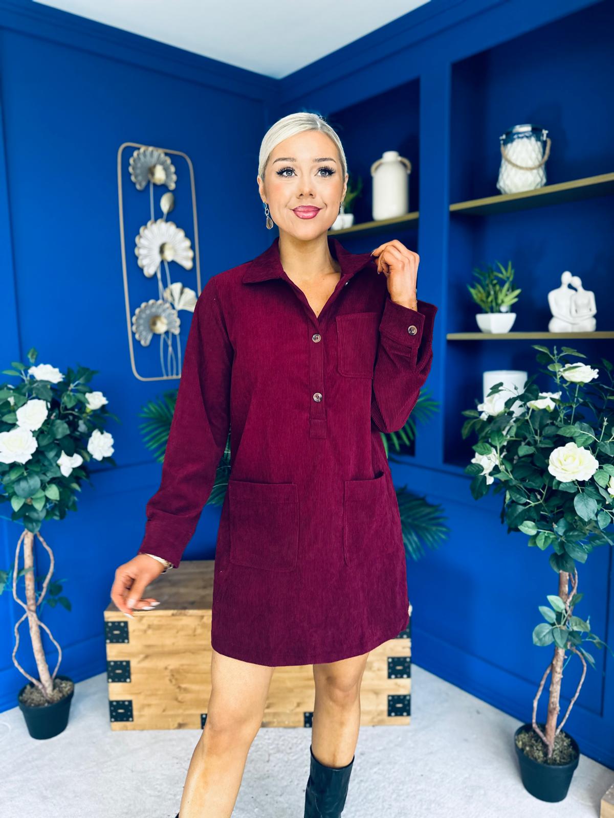 Nina Cord Mini Shift Dress Burgundy