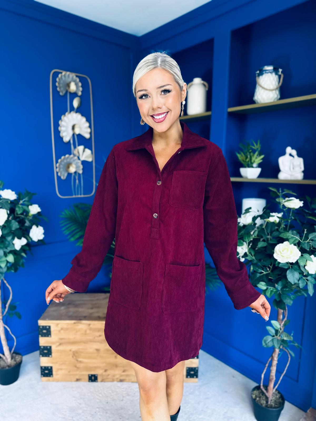 Nina Cord Mini Shift Dress Burgundy