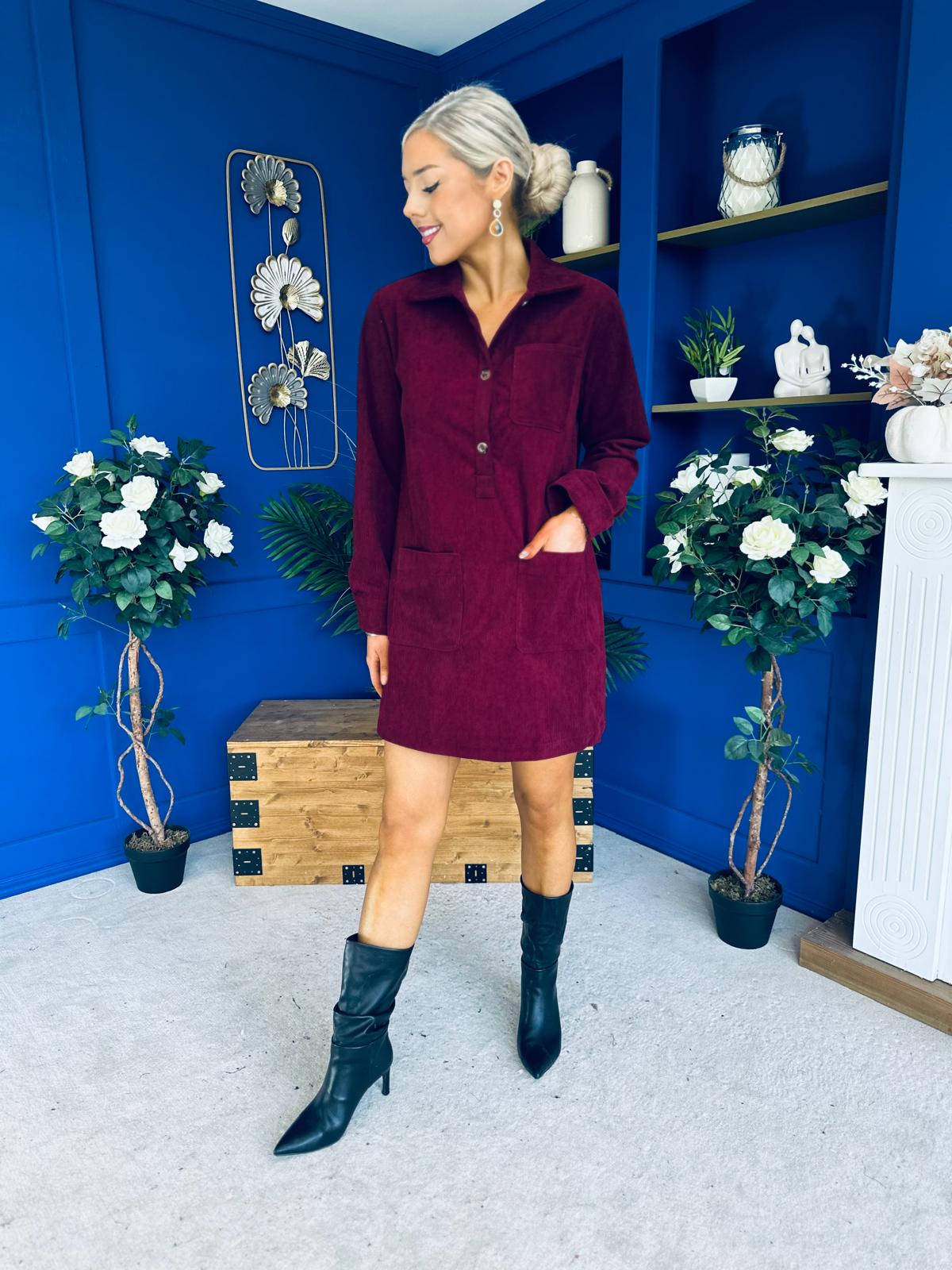 Nina Cord Mini Shift Dress Burgundy