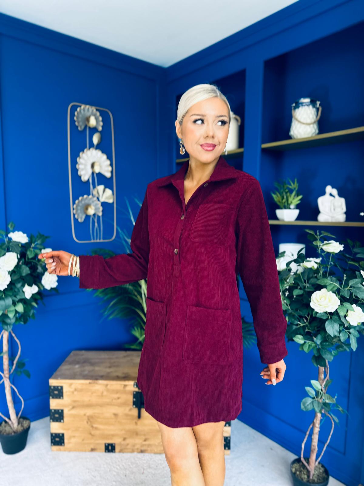 Nina Cord Mini Shift Dress Burgundy