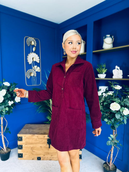 Nina Cord Mini Shift Dress Burgundy