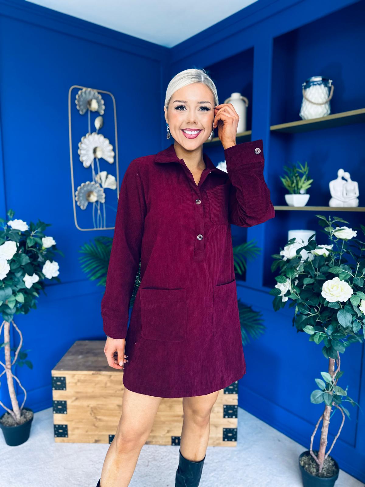 Nina Cord Mini Shift Dress Burgundy