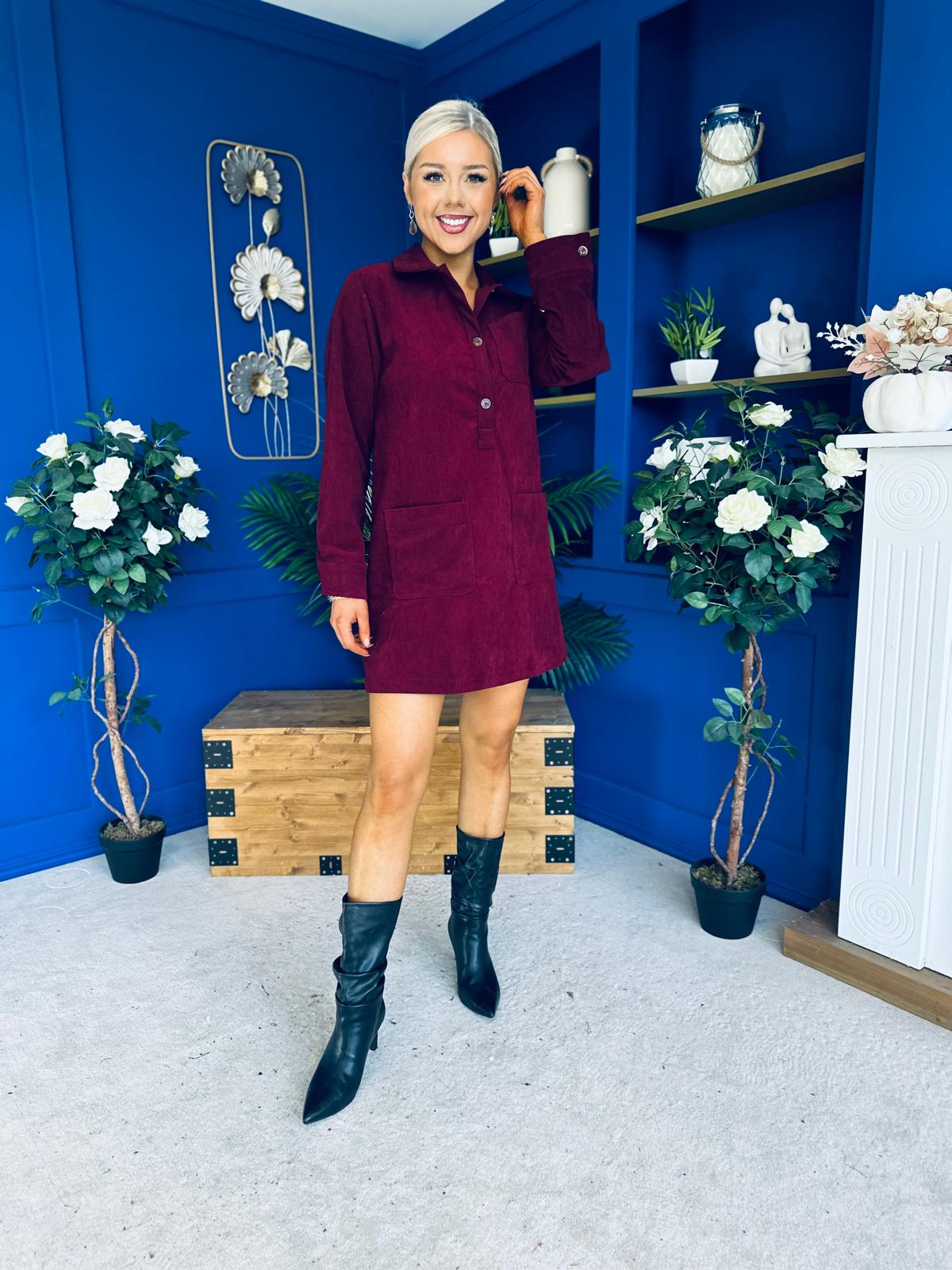 Nina Cord Mini Shift Dress Burgundy