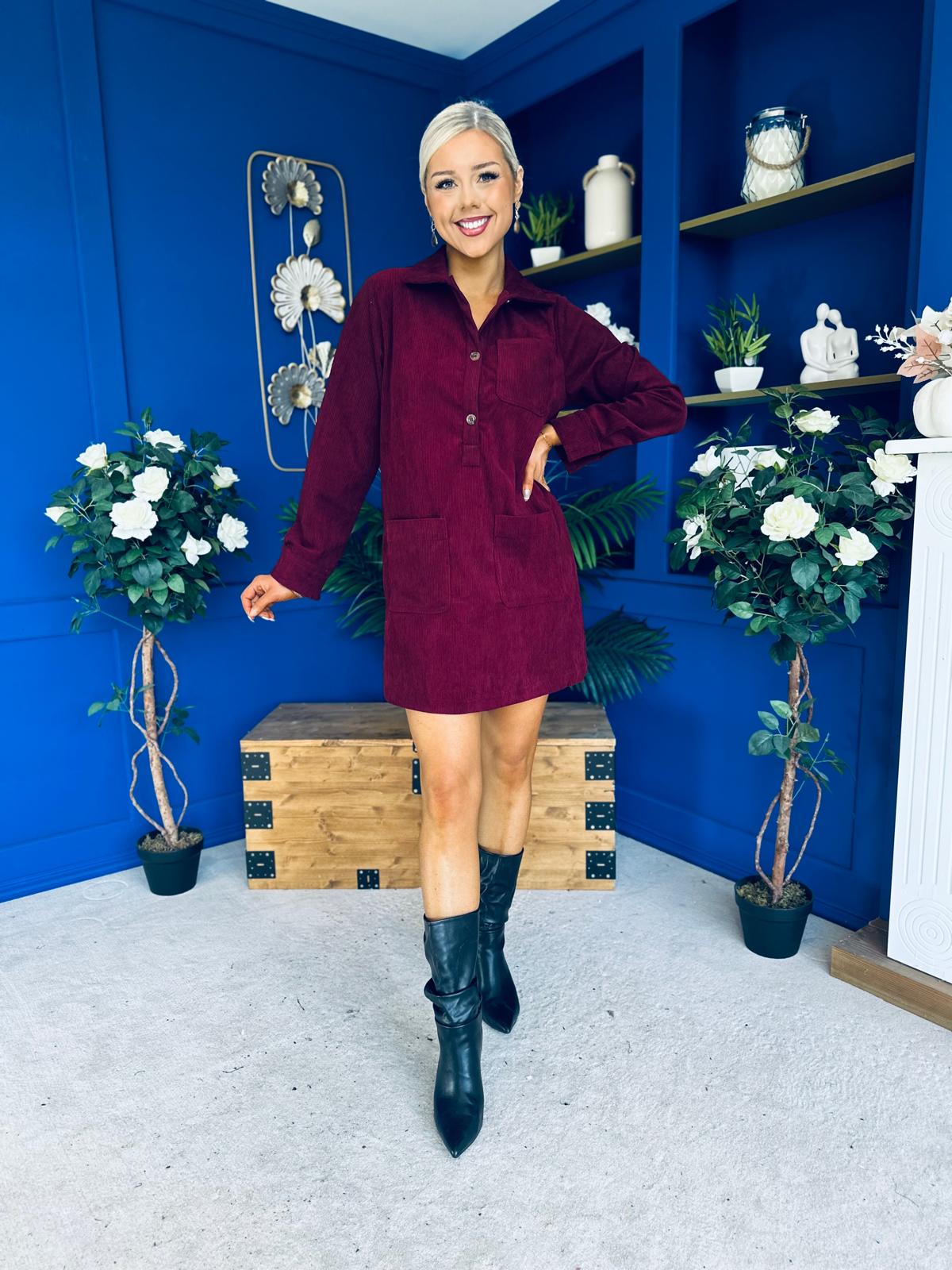 Nina Cord Mini Shift Dress Burgundy