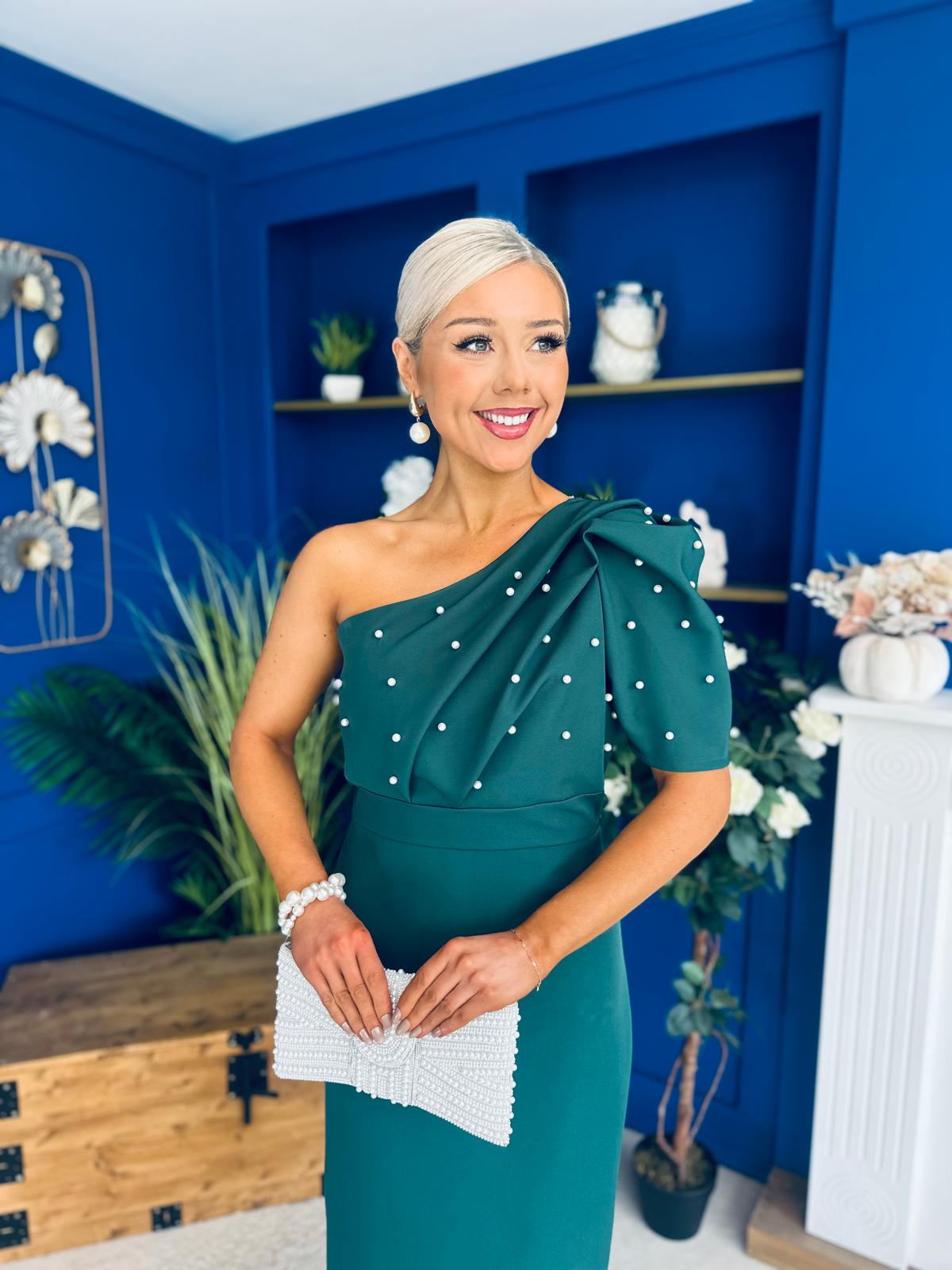 April Pearl Embellished Occasion Midi Dress Forest