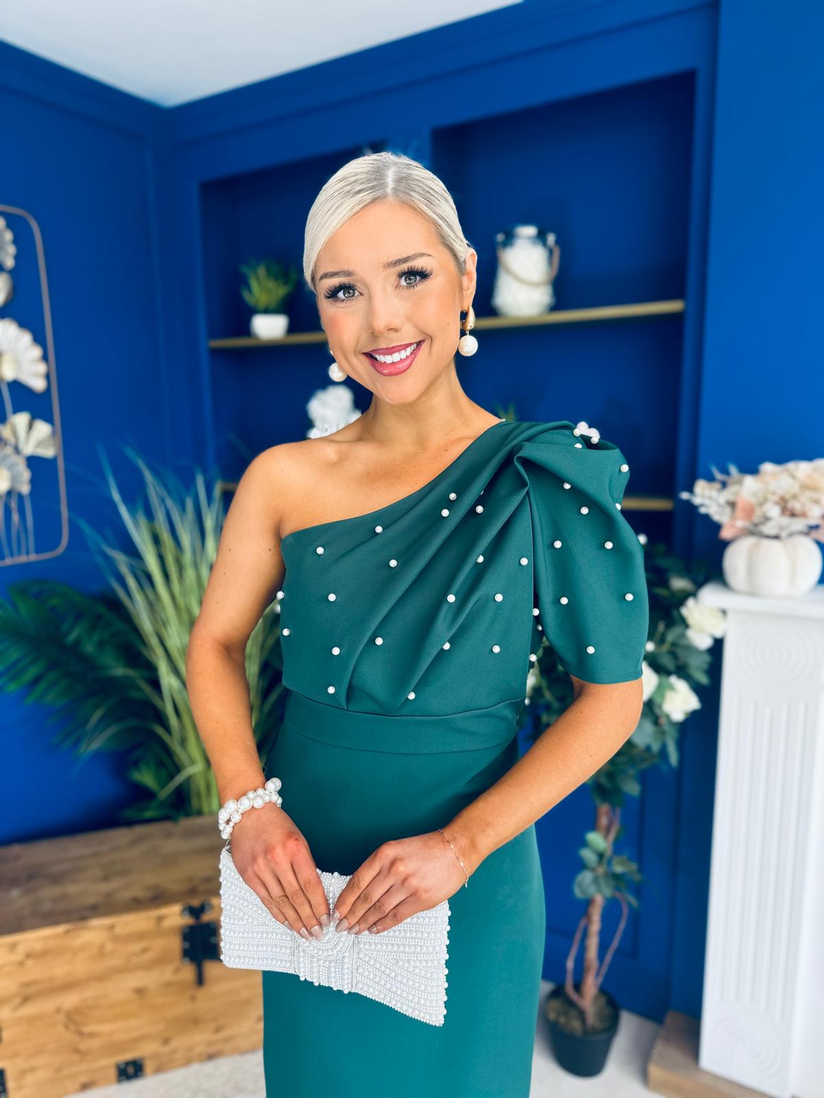 April Pearl Embellished Occasion Midi Dress Forest