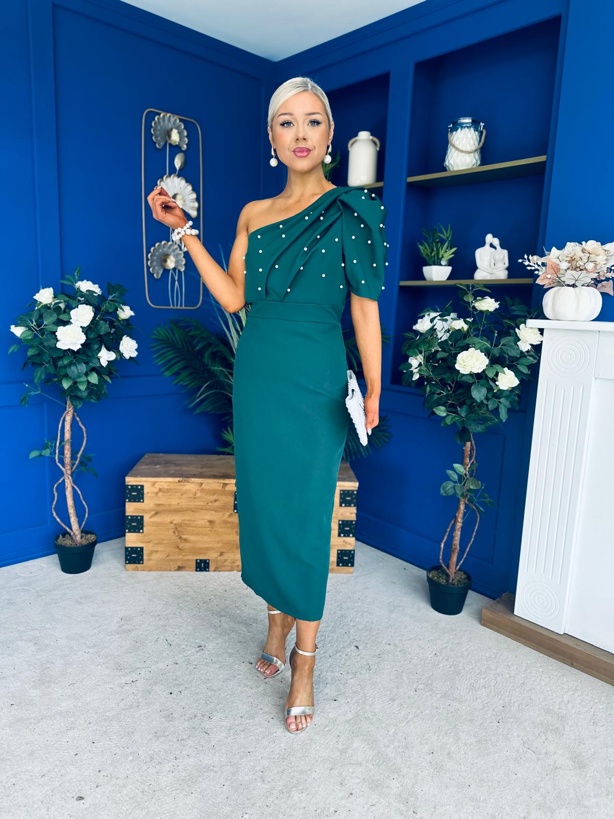 April Pearl Embellished Occasion Midi Dress Forest