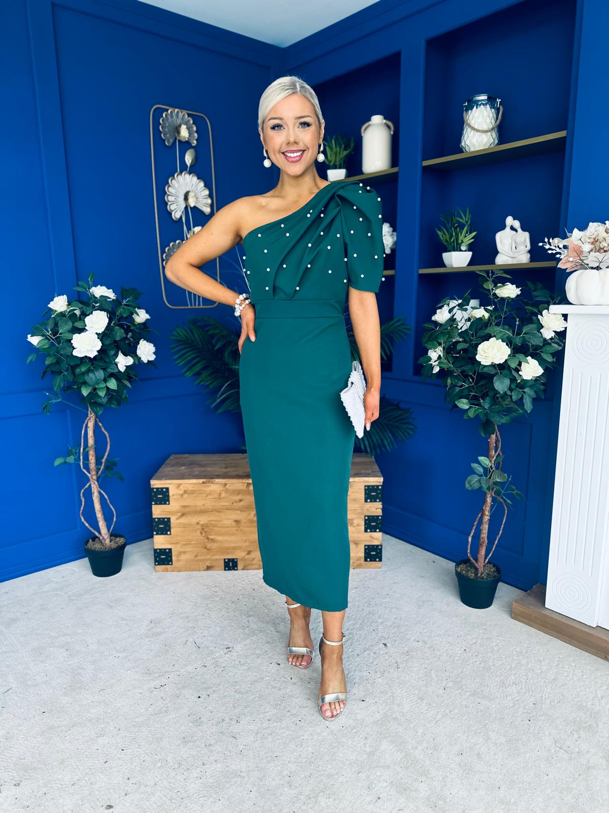 April Pearl Embellished Occasion Midi Dress Forest