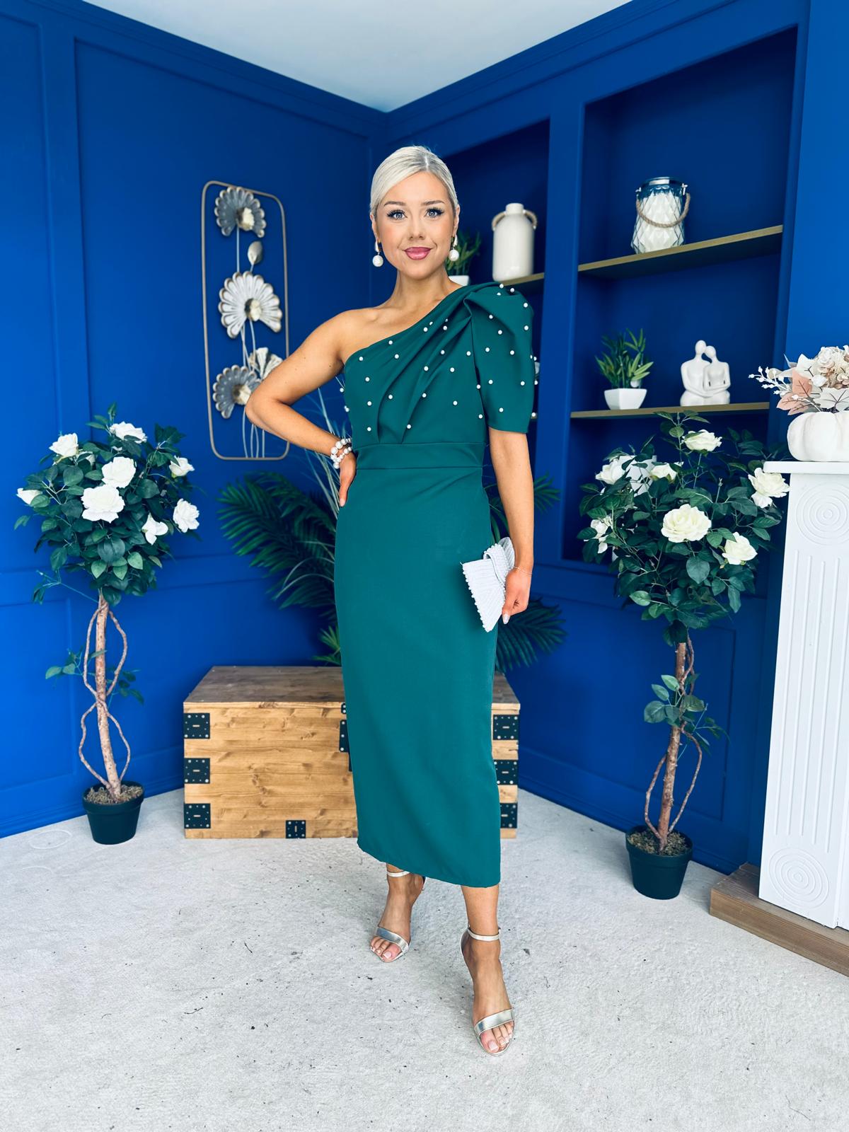 April Pearl Embellished Occasion Midi Dress Forest