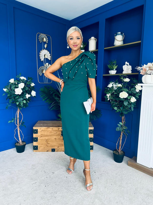 April Pearl Embellished Occasion Midi Dress Forest