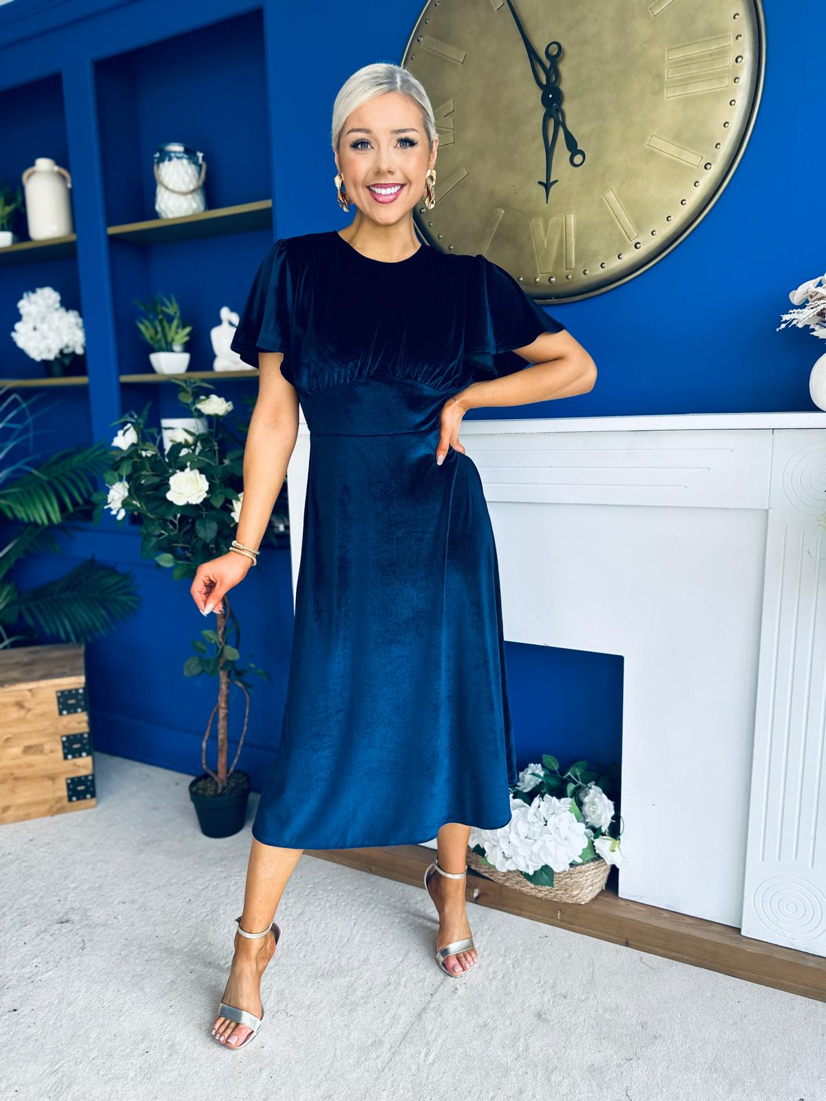 Maggie Angel Sleeve Velvet Occasion Dress Navy