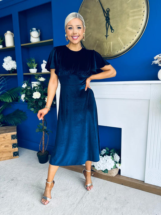 Maggie Angel Sleeve Velvet Occasion Dress Navy