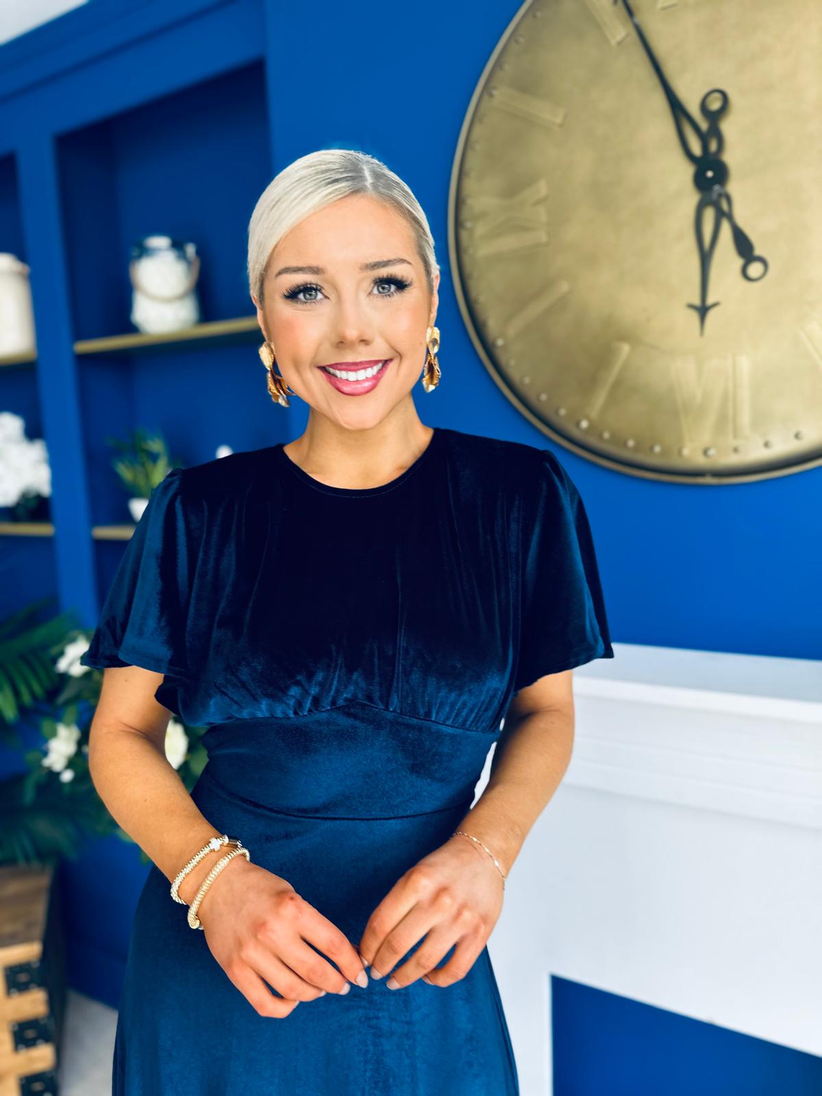 Maggie Angel Sleeve Velvet Occasion Dress Navy