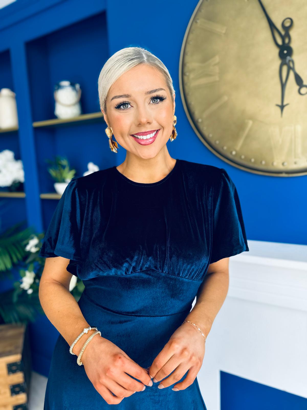 Maggie Angel Sleeve Velvet Occasion Dress Navy