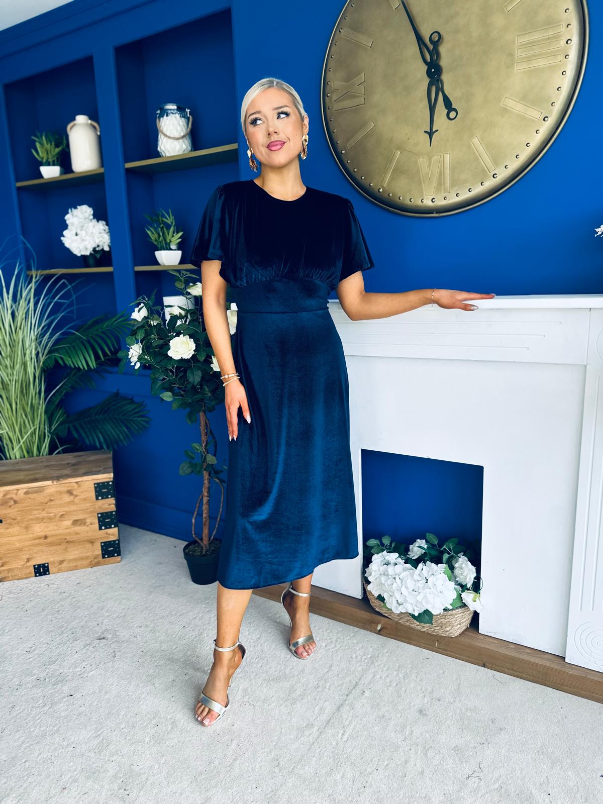 Maggie Angel Sleeve Velvet Occasion Dress Navy