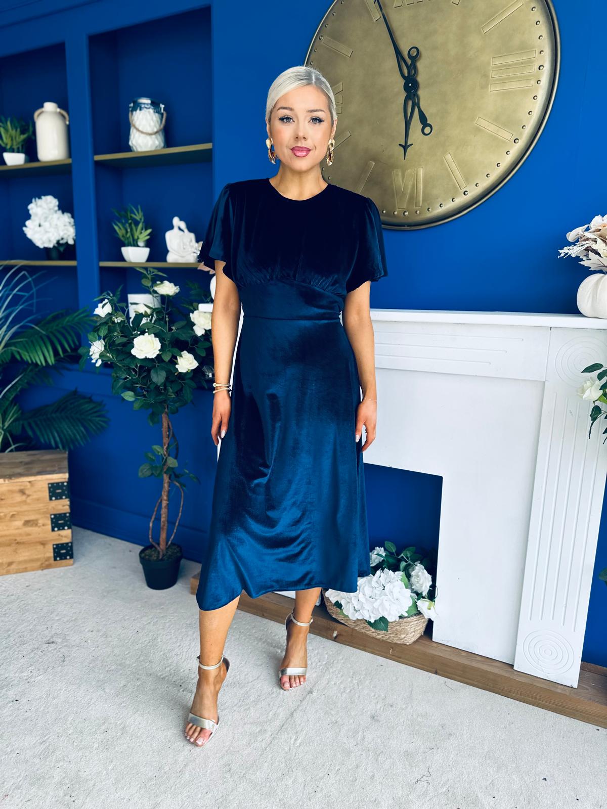 Maggie Angel Sleeve Velvet Occasion Dress Navy