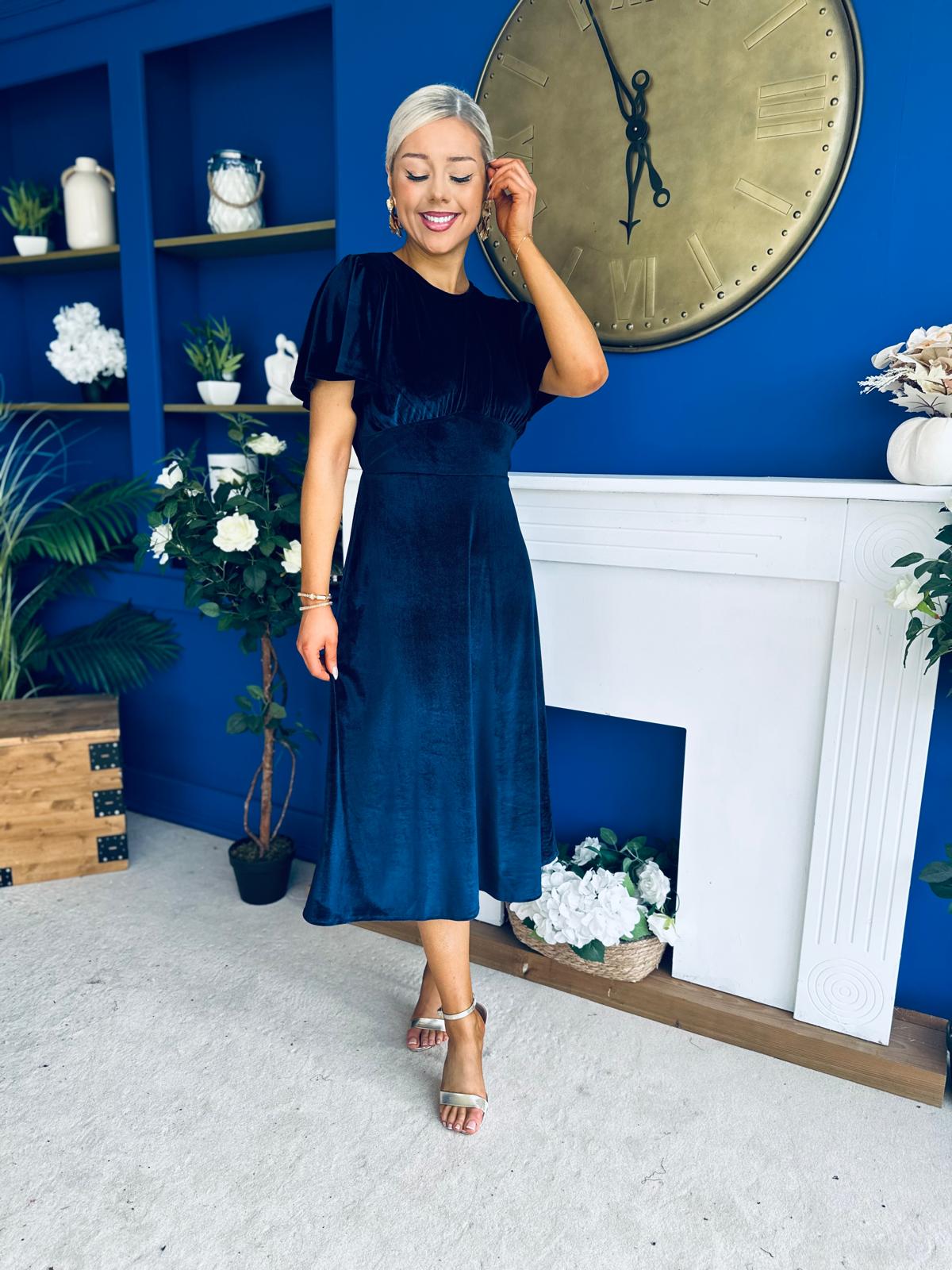 Maggie Angel Sleeve Velvet Occasion Dress Navy