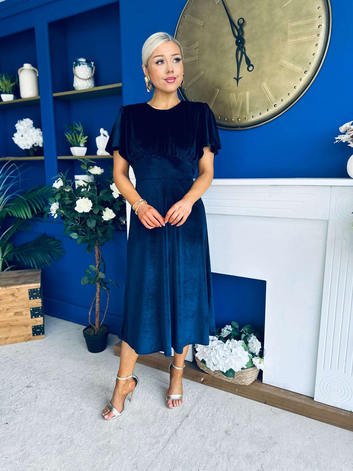 Maggie Angel Sleeve Velvet Occasion Dress Navy