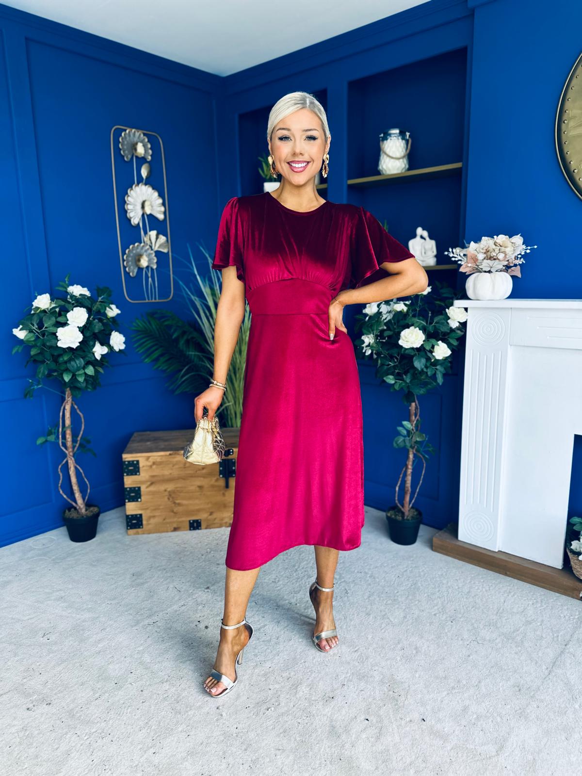 Maggie Angel Sleeve Velvet Occasion Dress Wine