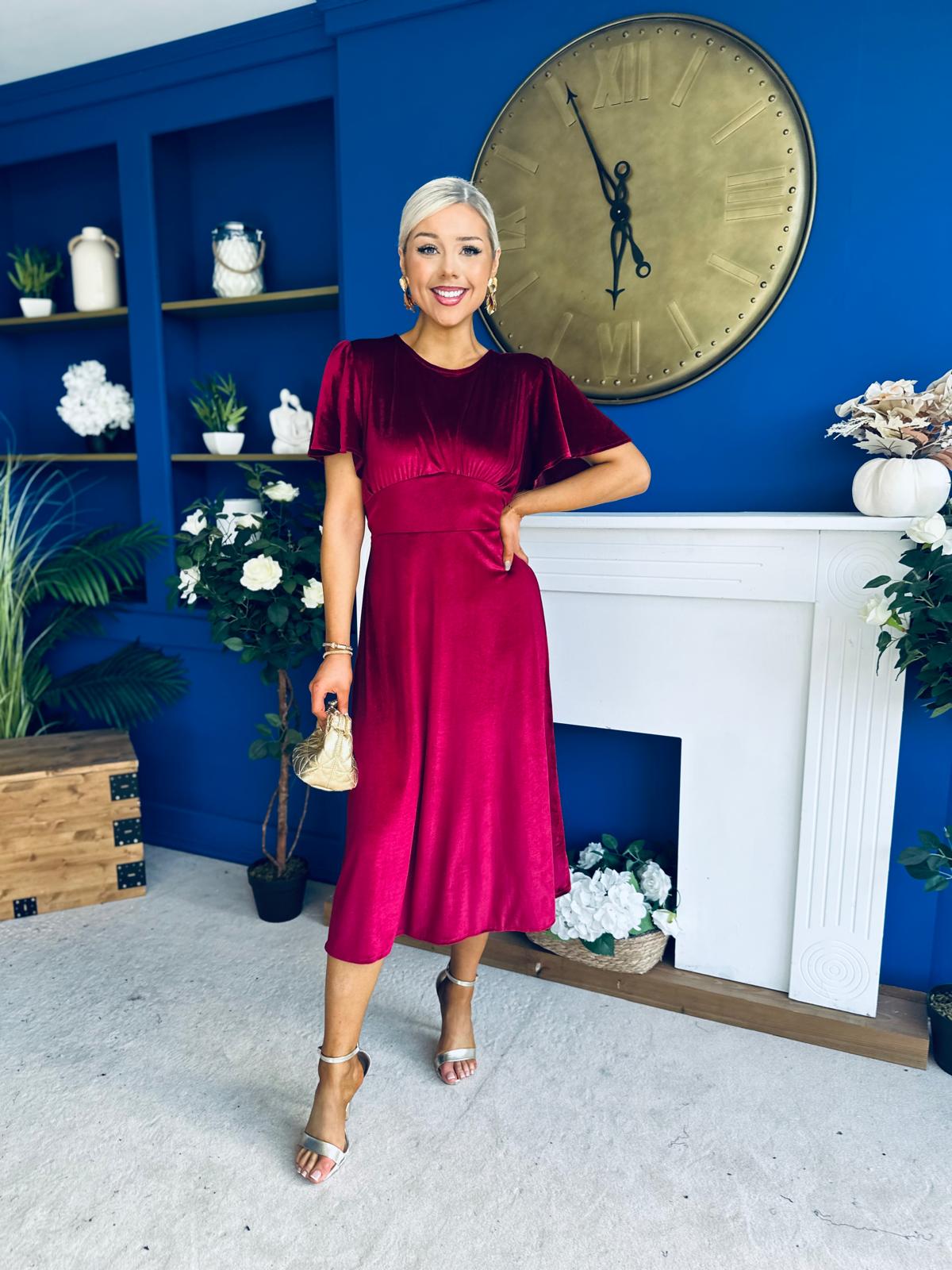 Maggie Angel Sleeve Velvet Occasion Dress Wine