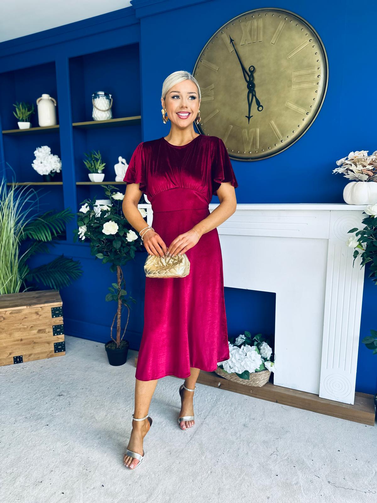 Maggie Angel Sleeve Velvet Occasion Dress Wine