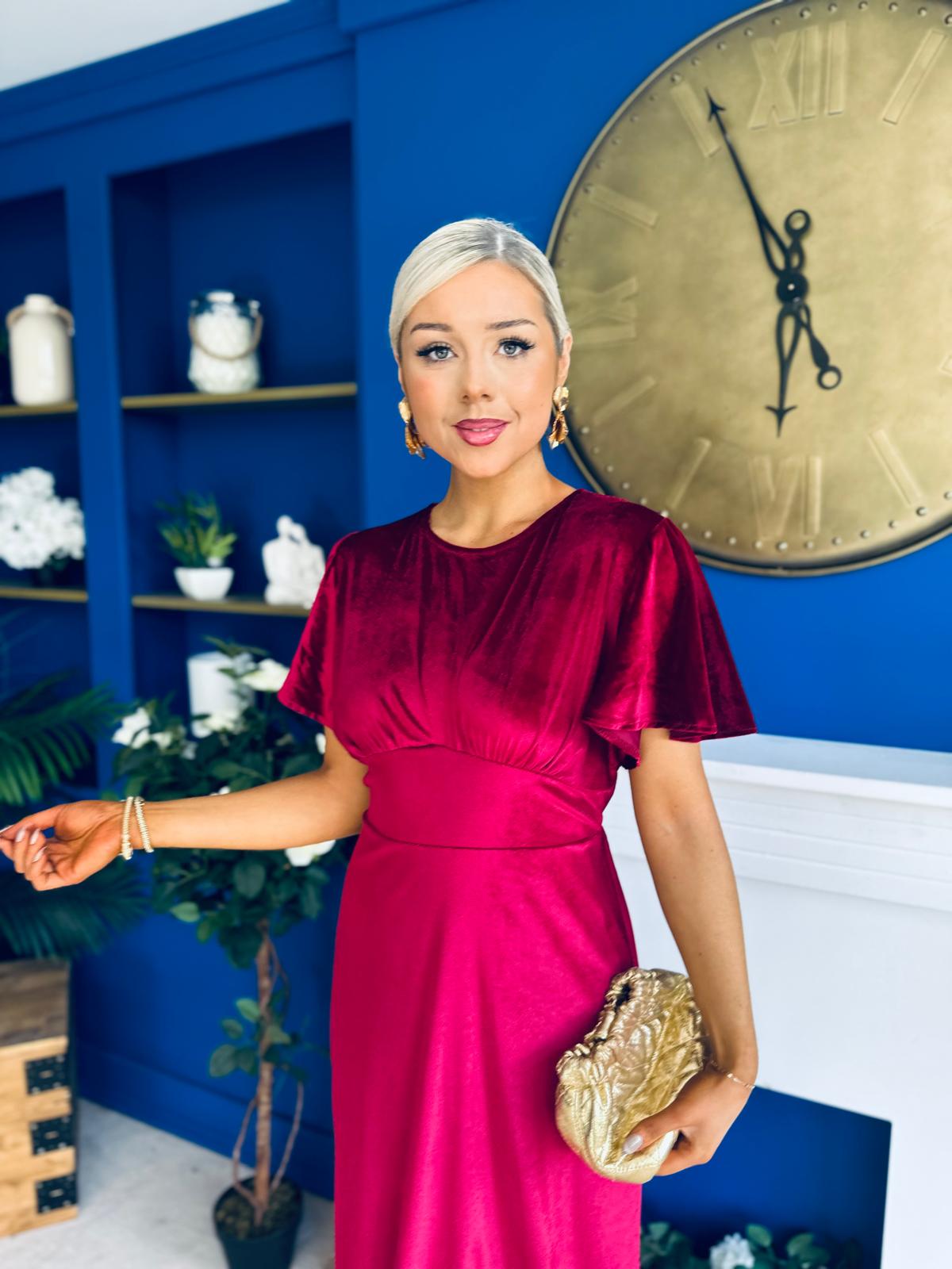 Maggie Angel Sleeve Velvet Occasion Dress Wine