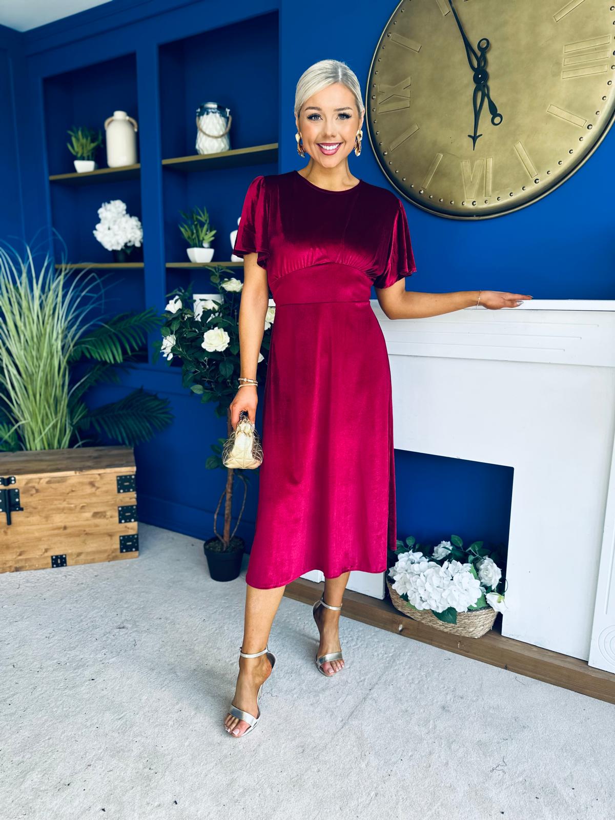 Maggie Angel Sleeve Velvet Occasion Dress Wine