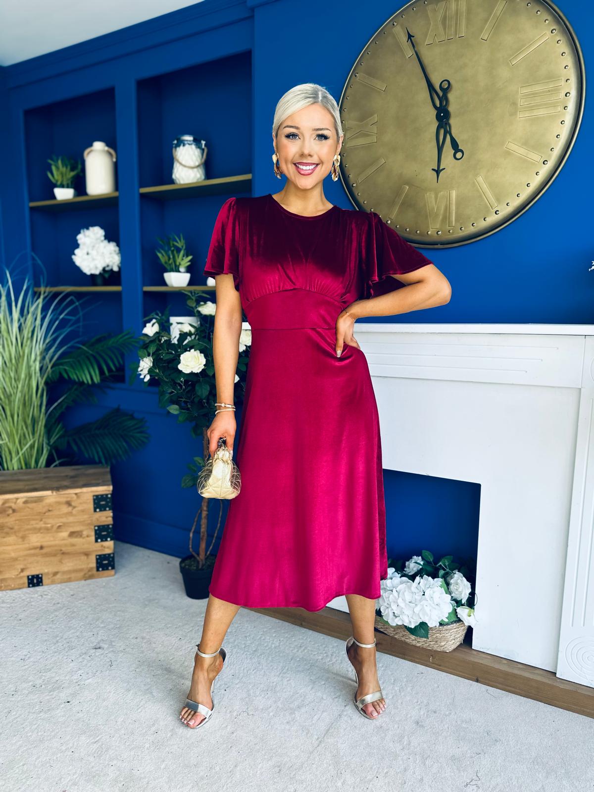 Maggie Angel Sleeve Velvet Occasion Dress Wine