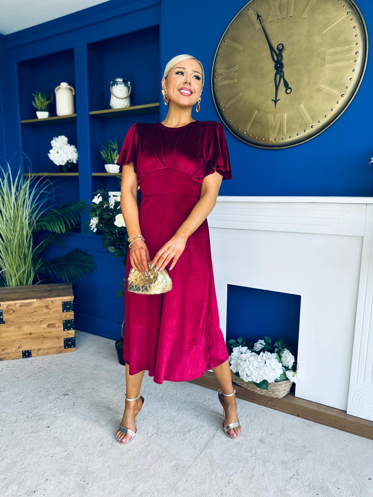 Maggie Angel Sleeve Velvet Occasion Dress Wine