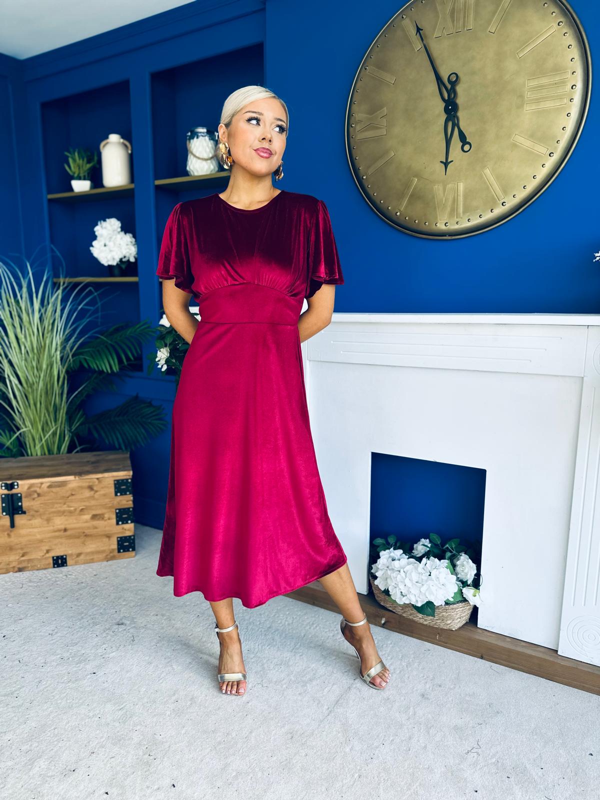 Maggie Angel Sleeve Velvet Occasion Dress Wine