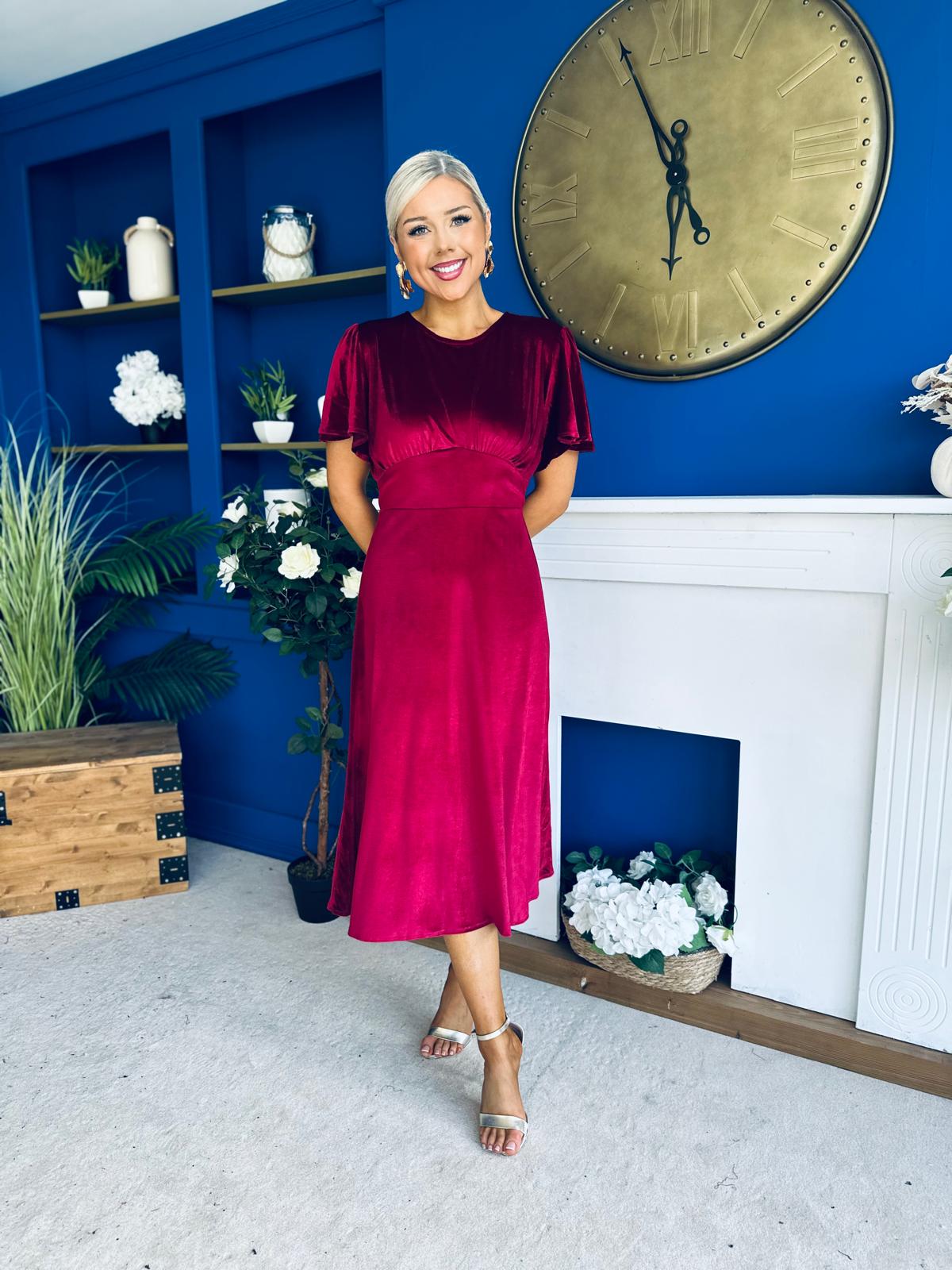 Maggie Angel Sleeve Velvet Occasion Dress Wine