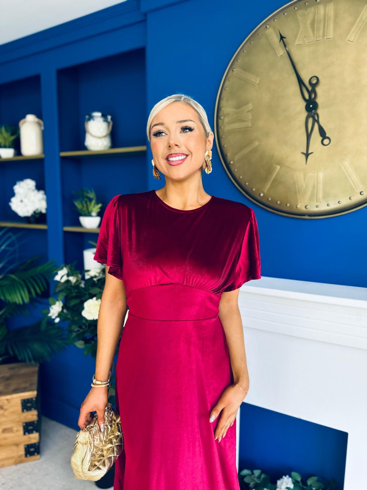 Maggie Angel Sleeve Velvet Occasion Dress Wine