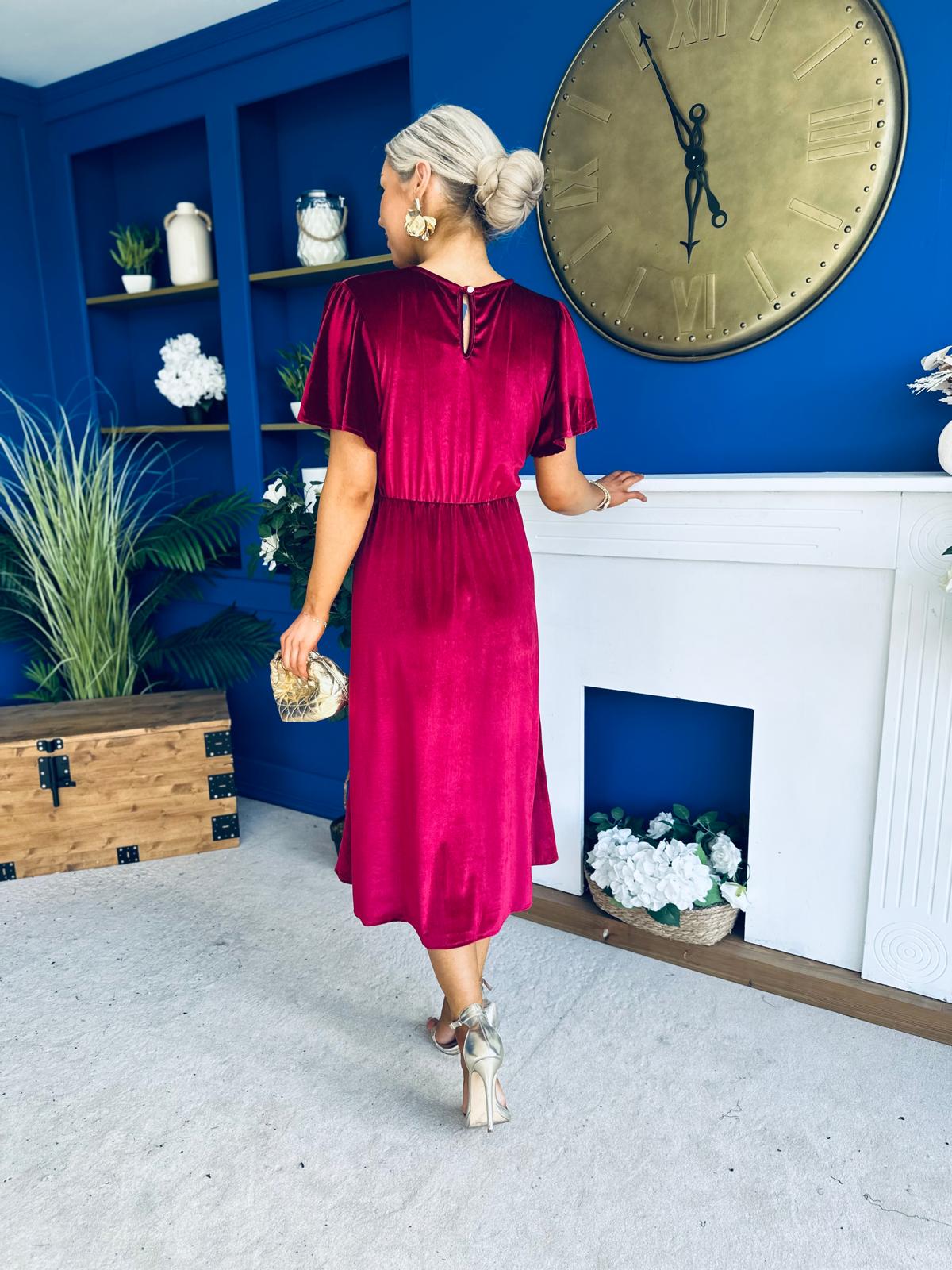 Maggie Angel Sleeve Velvet Occasion Dress Wine