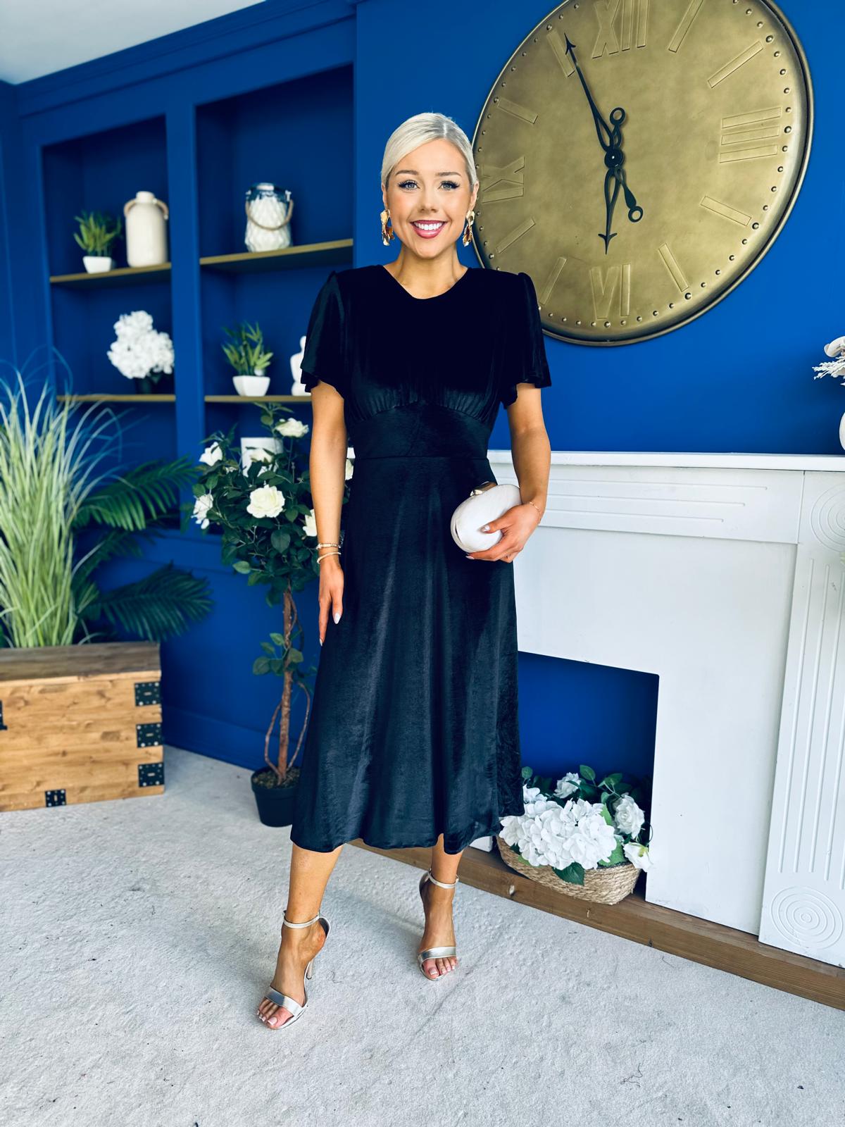 Maggie Angel Sleeve Velvet Occasion Dress Black