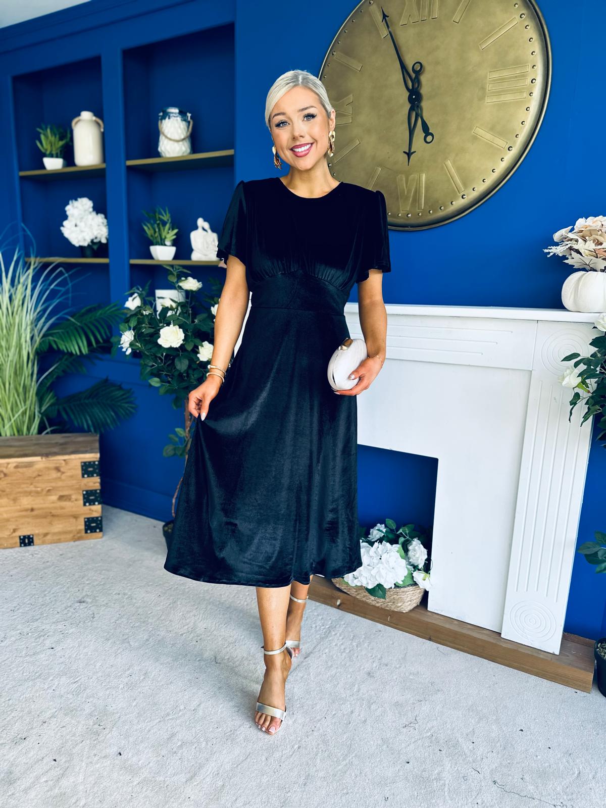 Maggie Angel Sleeve Velvet Occasion Dress Black