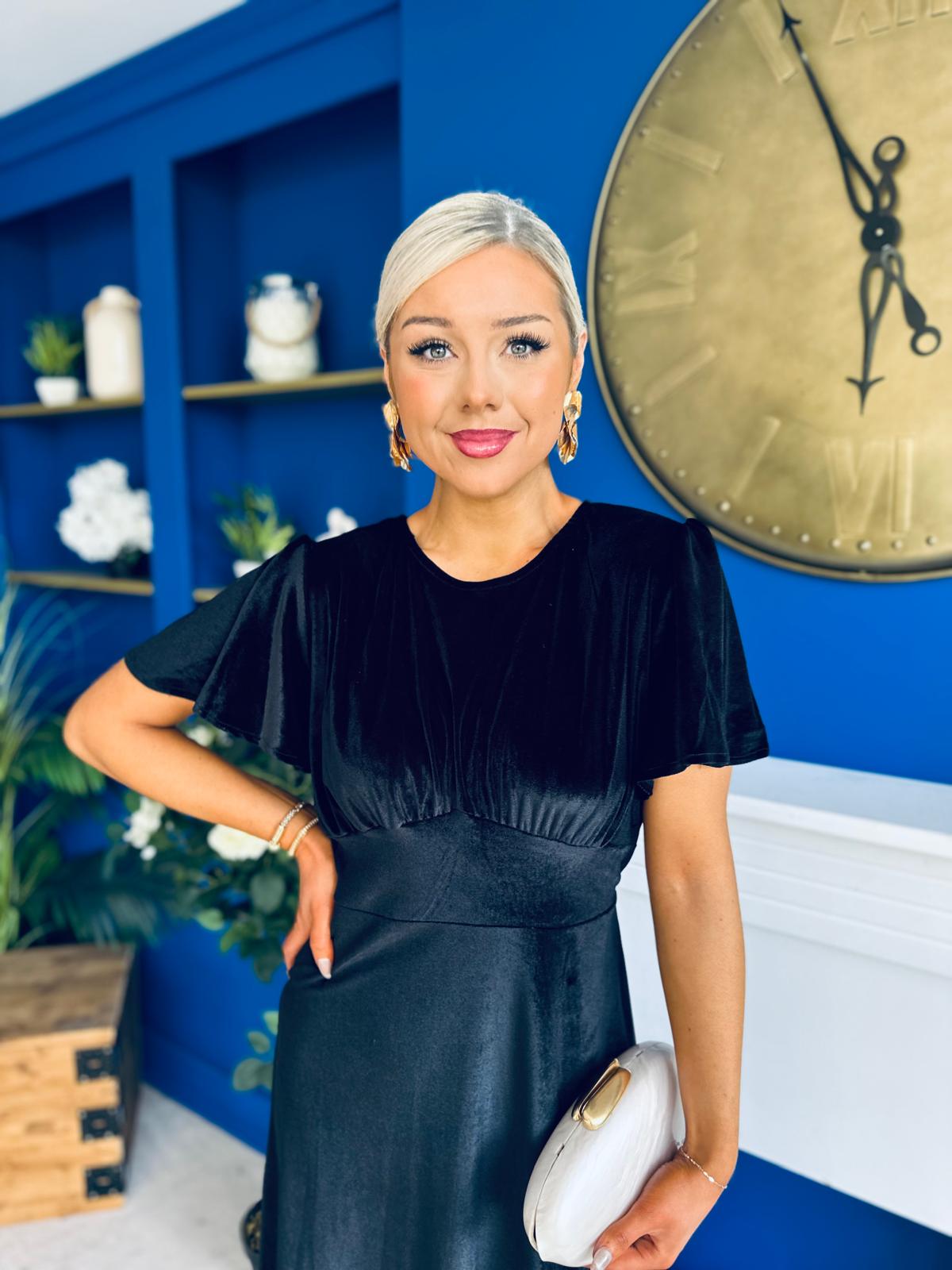 Maggie Angel Sleeve Velvet Occasion Dress Black